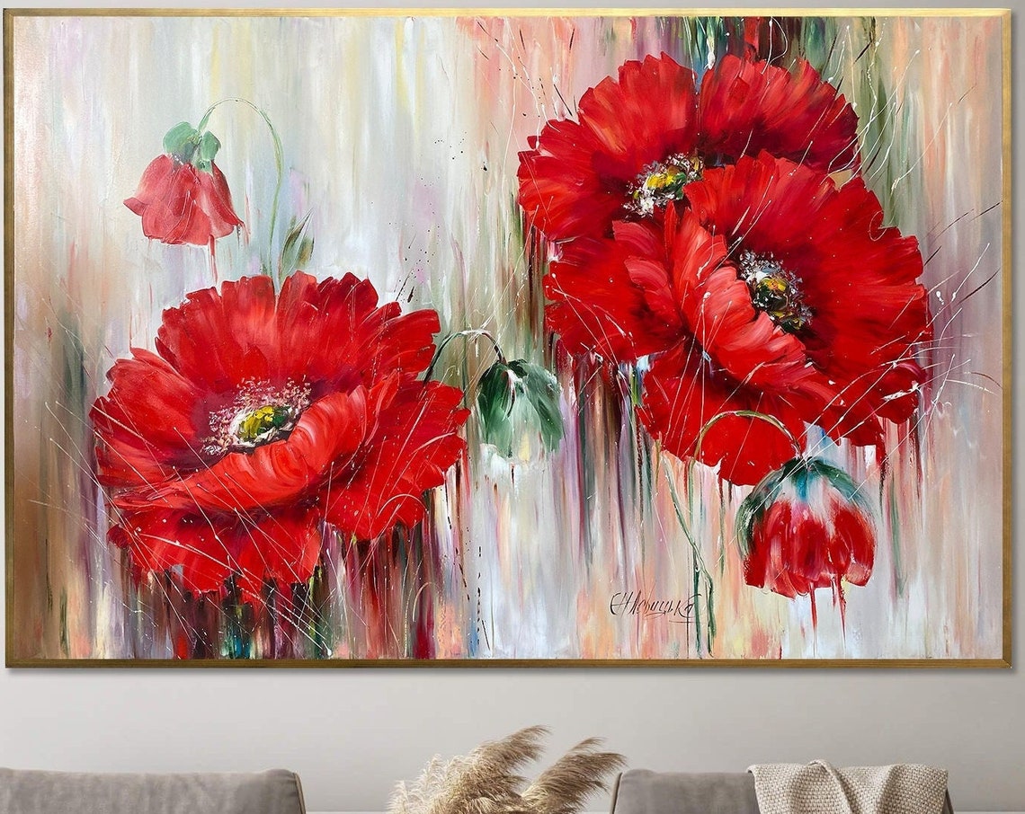 Red Poppies Painting Handpainted Flowers Wall Art Decor 32x24 Red Flower Painting On Large Poppy Painting Original Floral Oil Art - Image 2