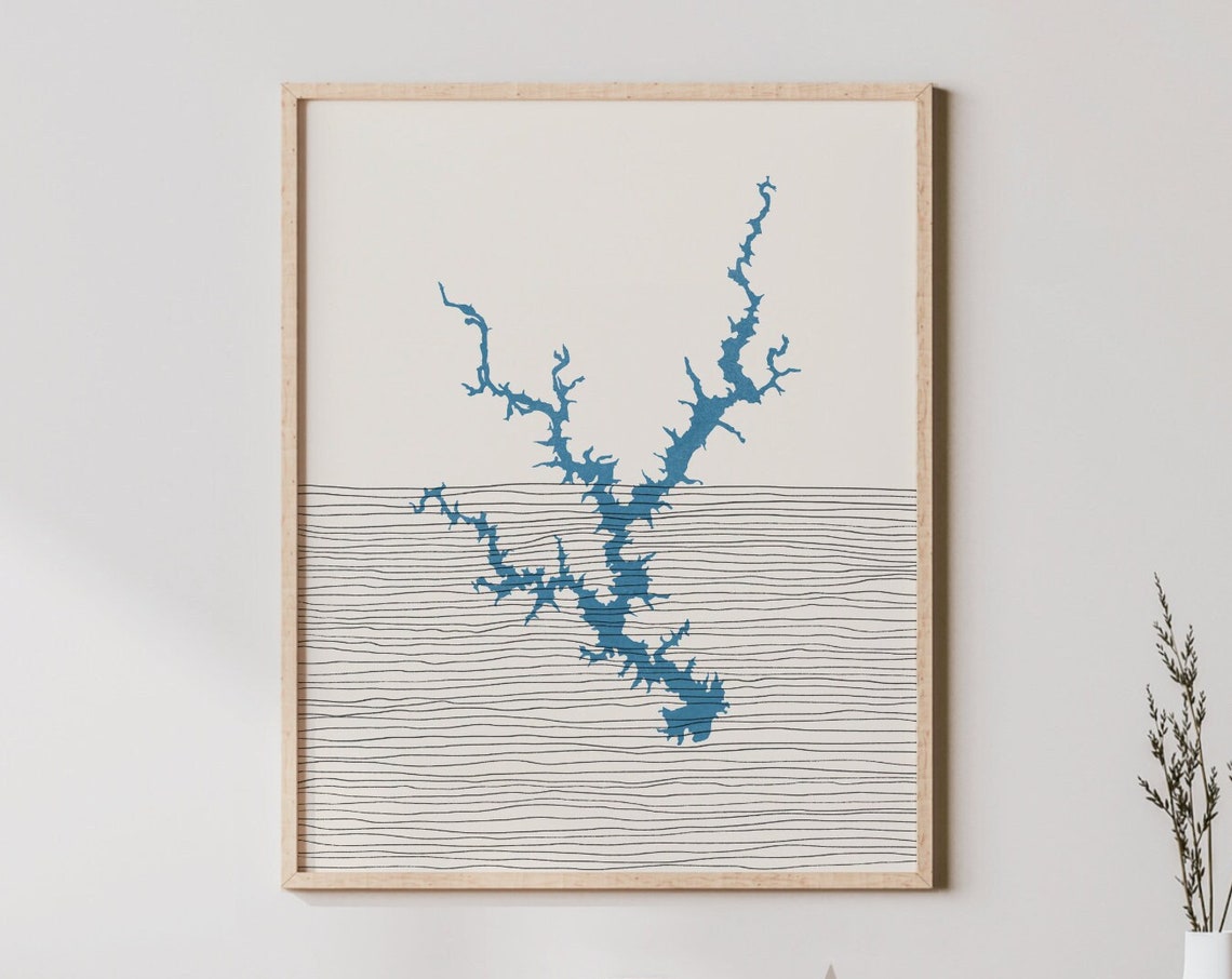 Boho Narrow Branching Blue Lake Outline Minimalist Map Poster