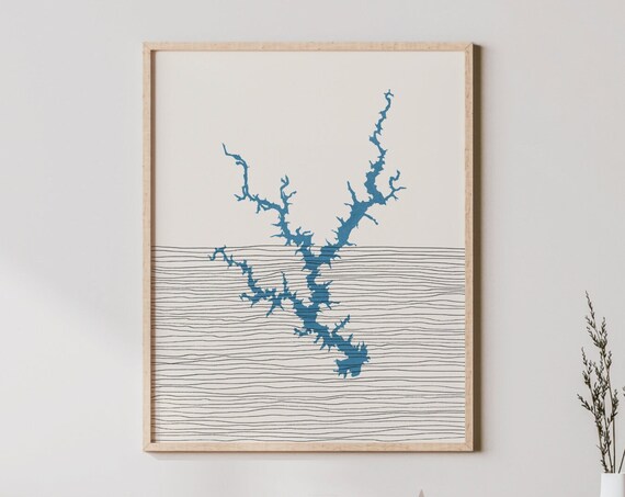 Boho Narrow Branching Blue Lake Outline Minimalist Map Poster