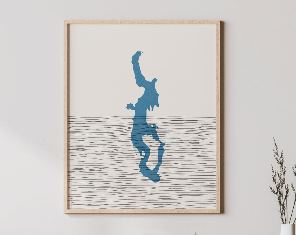 Lake Washington Minimalist Map Art With Blue Boho Line Waves Poster