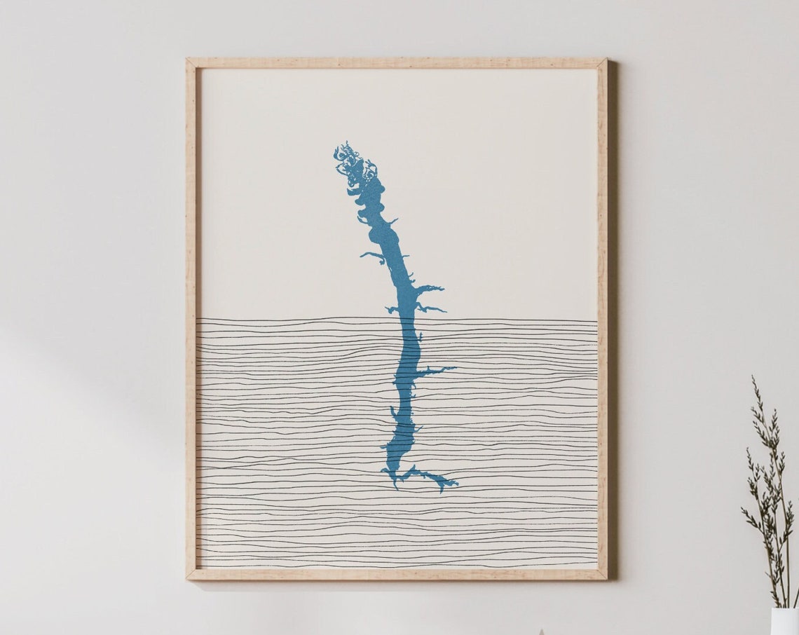Boho Vertical Blue Lake Outline Minimalist Silhouette Map Poster