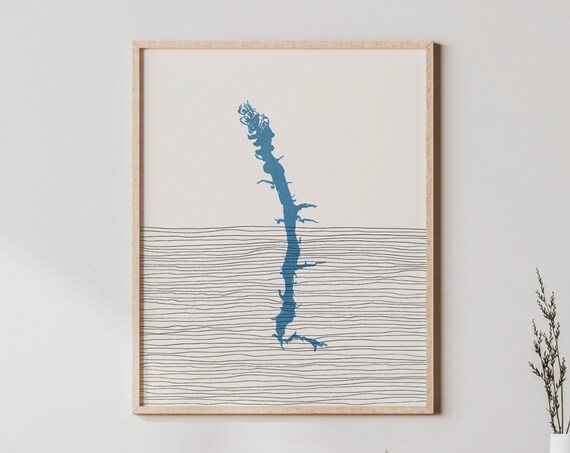 Boho Vertical Blue Lake Outline Minimalist Silhouette Map Poster