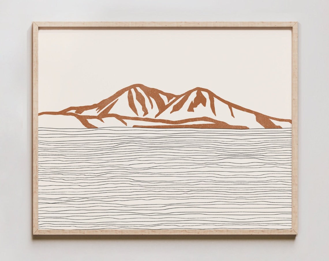 Boho Terracotta Twin Mountain Outline Modern Minimalist Art Poster