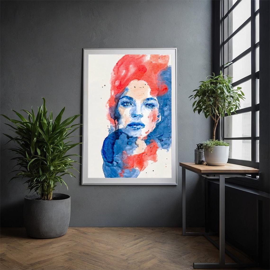 Abstract Watercolor Face Print Red And Blue Expressionist Art
