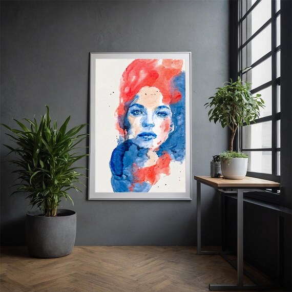 Red and Blue Watercolor Face Abstract Expressionist Portrait Poster