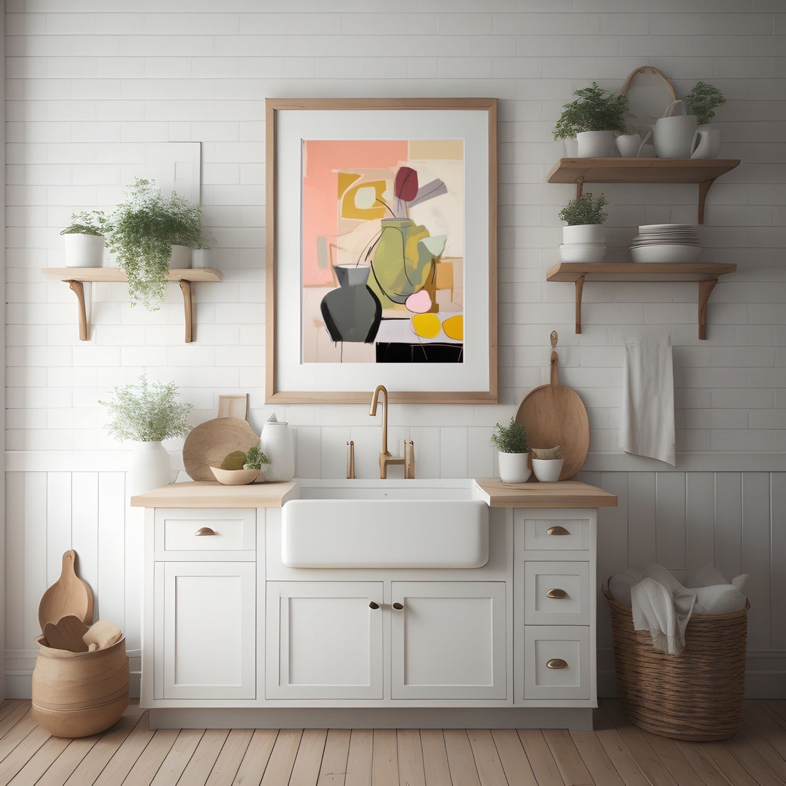 Mid Century Modern Abstract Still Life with Vases and Fruit Poster - Image 2