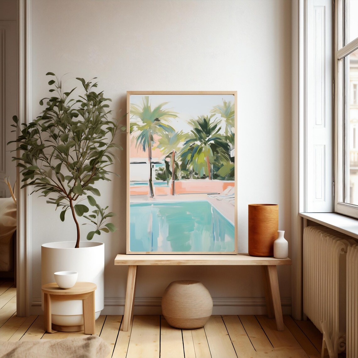 Tropical Poolside with Palm Trees Turquoise Pool Painting Poster - Image 3