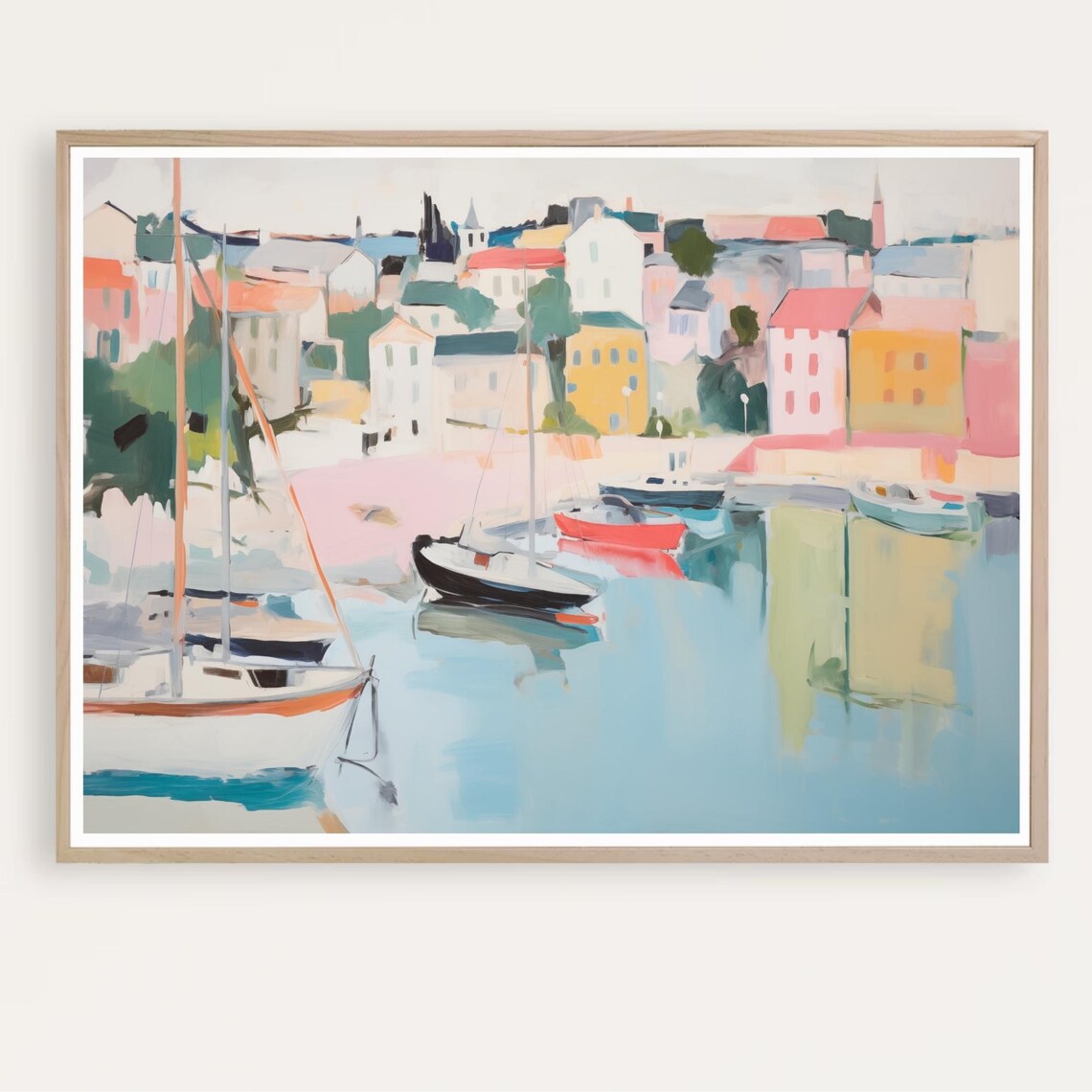 Colorful Mediterranean Harbor Town with Sailboats Painting Poster