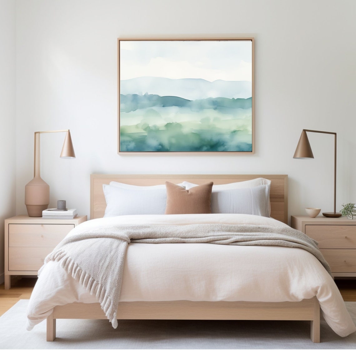 Layered Teal Mountain Ranges Beneath Misty Blue Sky Watercolor Poster - Image 3