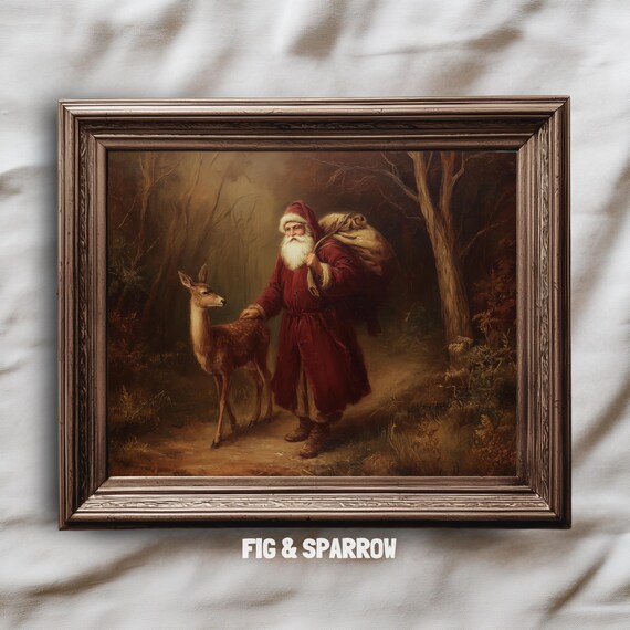 Vintage Santa Claus with Deer in Forest Oil Painting Art Print