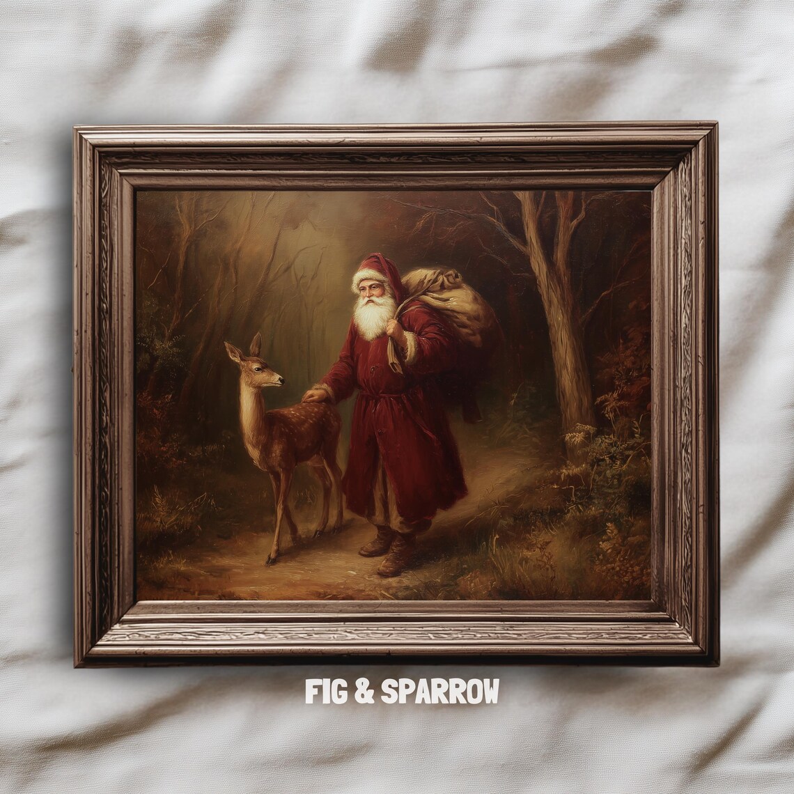 Vintage Santa Claus with Deer in Forest Oil Painting Art Print