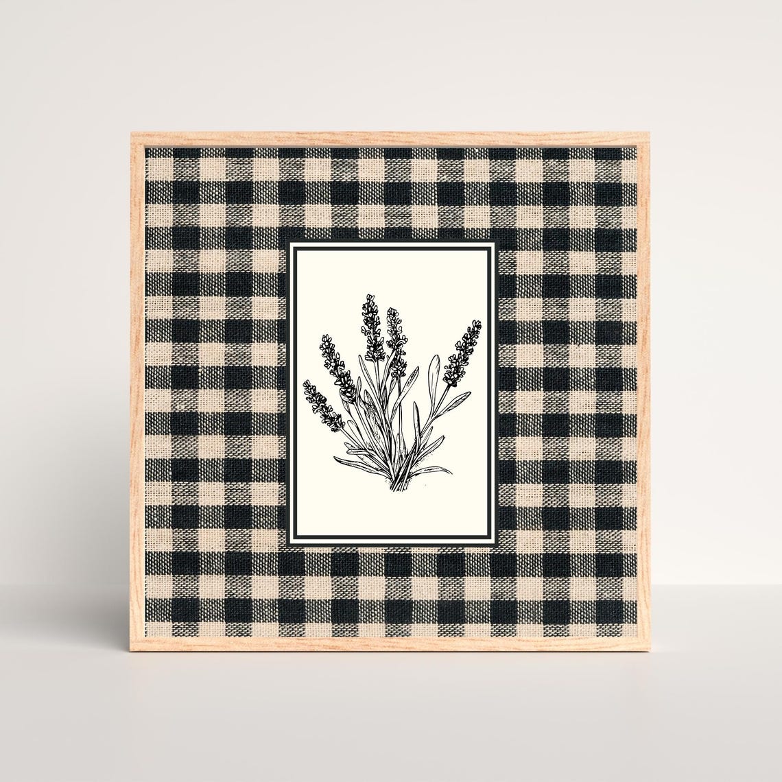 Lavender Botanical Sketch Black White Gingham Farmhouse Wall Art