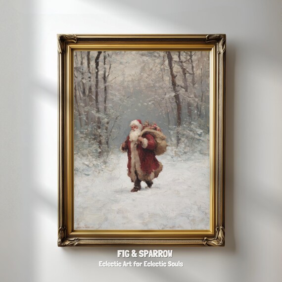 Santa Claus Walking Through Snowy Forest Vintage Christmas Art Poster