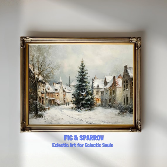 Snowy Village Christmas Tree Street Vintage Oil Painting Print