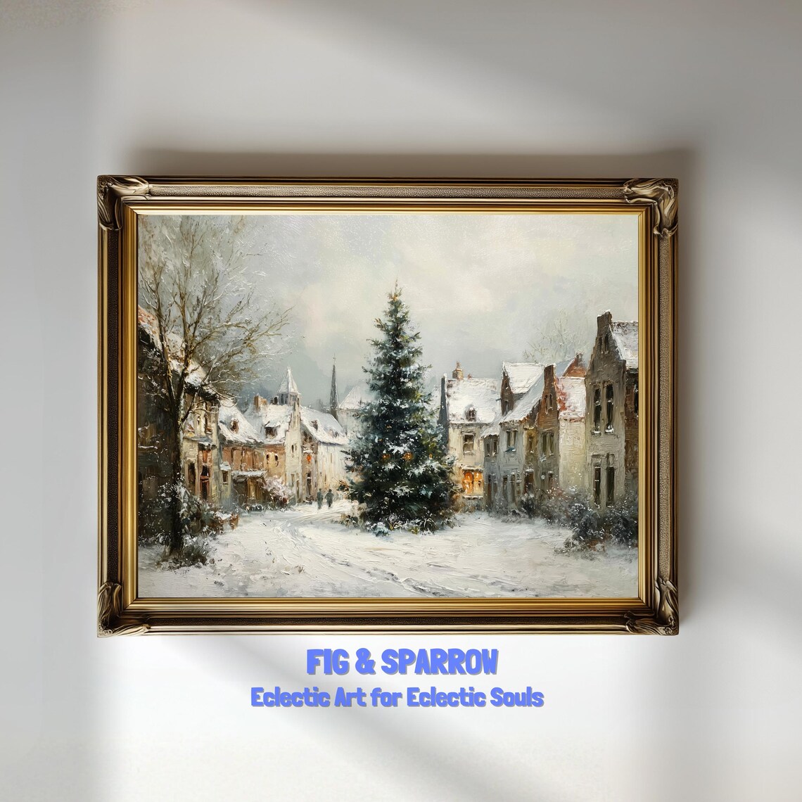 Snowy Village Christmas Tree Street Vintage Oil Painting Print