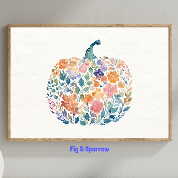 Teal And Peach Floral Pumpkin Print Botanical Farmhouse Fall Decor