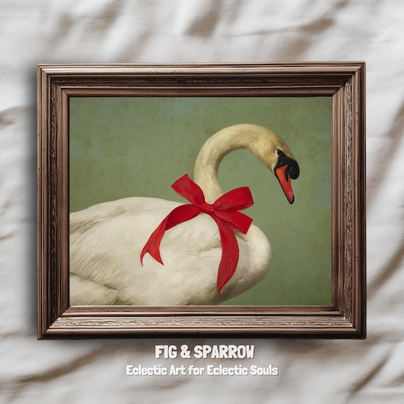White Swan Red Bow Vintage Christmas Holiday Elegant Bird Wall Art