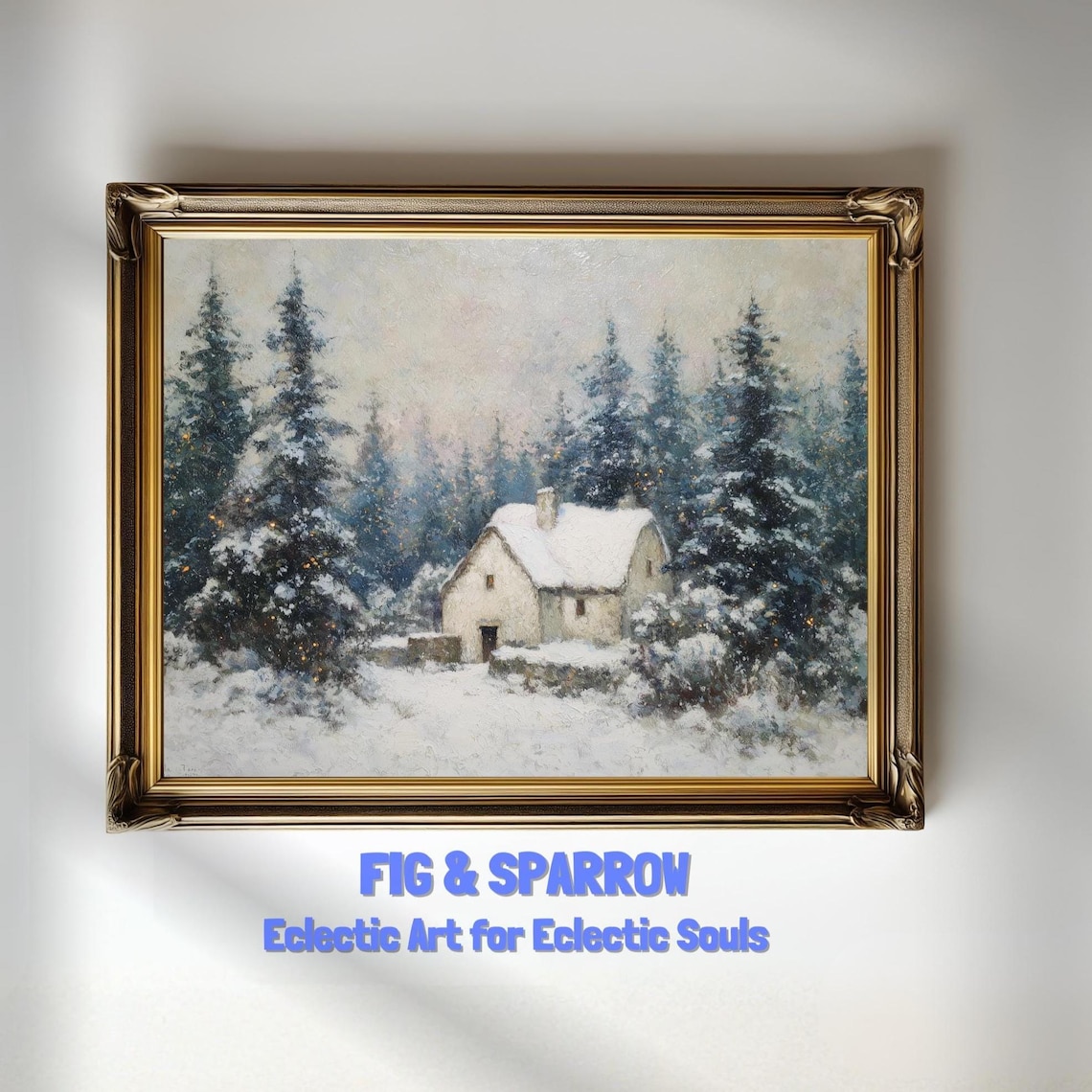 Winter Cabin In Snow Vintage Christmas Art Print