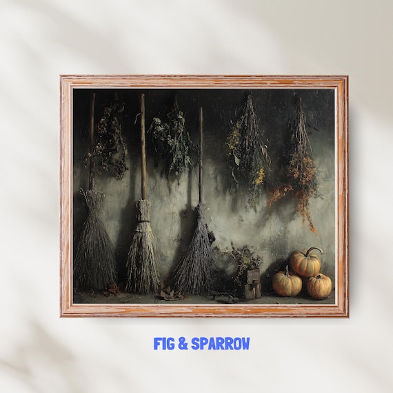 Witches Brooms And Pumpkins Rustic Halloween Still Life Wall Art