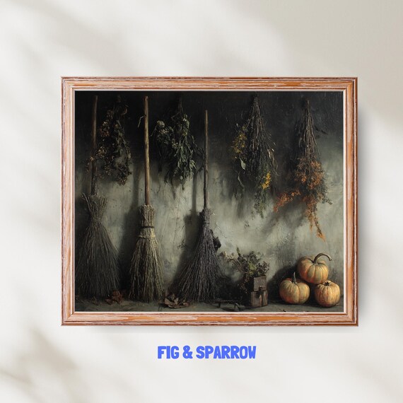 Witches Brooms Pumpkins Wall Art Rustic Halloween Still Life Moody