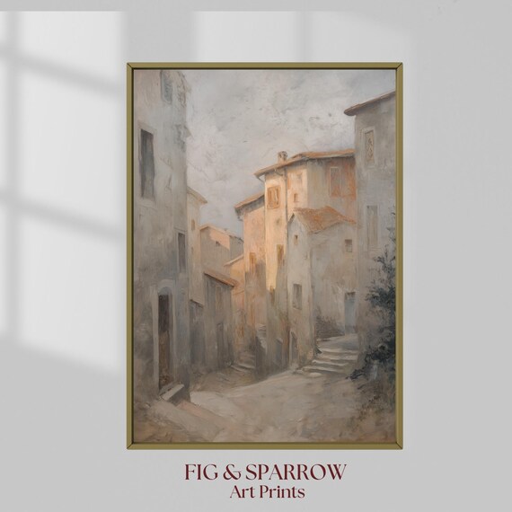 Old European Village Street Stone Houses Muted Oil Painting Art Print