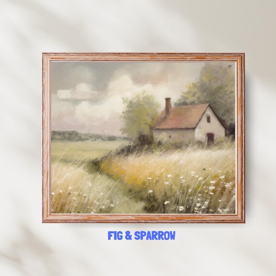 Farmhouse in Wildflower Meadow Vintage Oil Painting Country Print