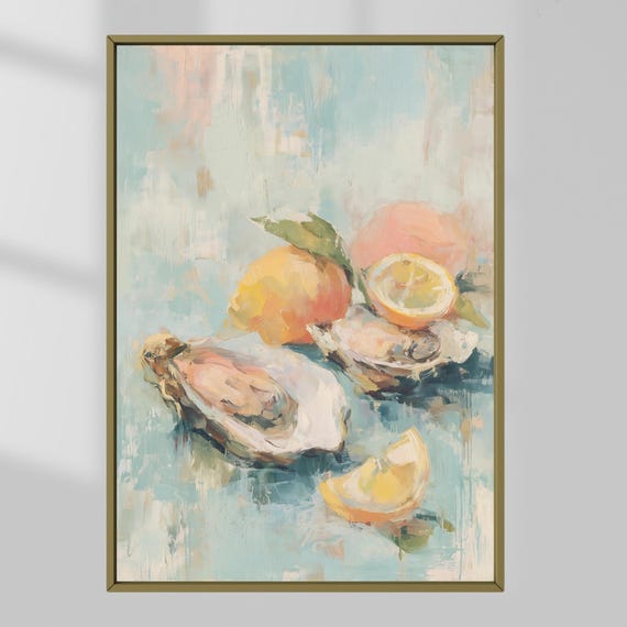 Oyster And Lemon Still Life Print Coastal Kitchen Art