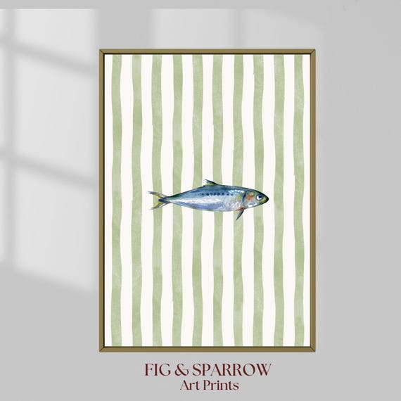 Watercolor Sardine Print, Vintage Coastal Kitchen Art