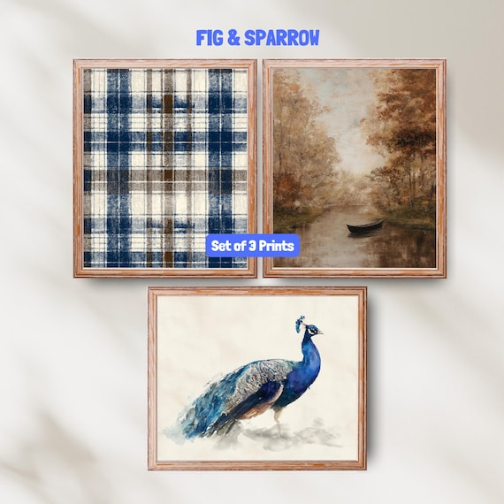 Rustic Farmhouse Print Set Plaid Autumn Landscape Peacock