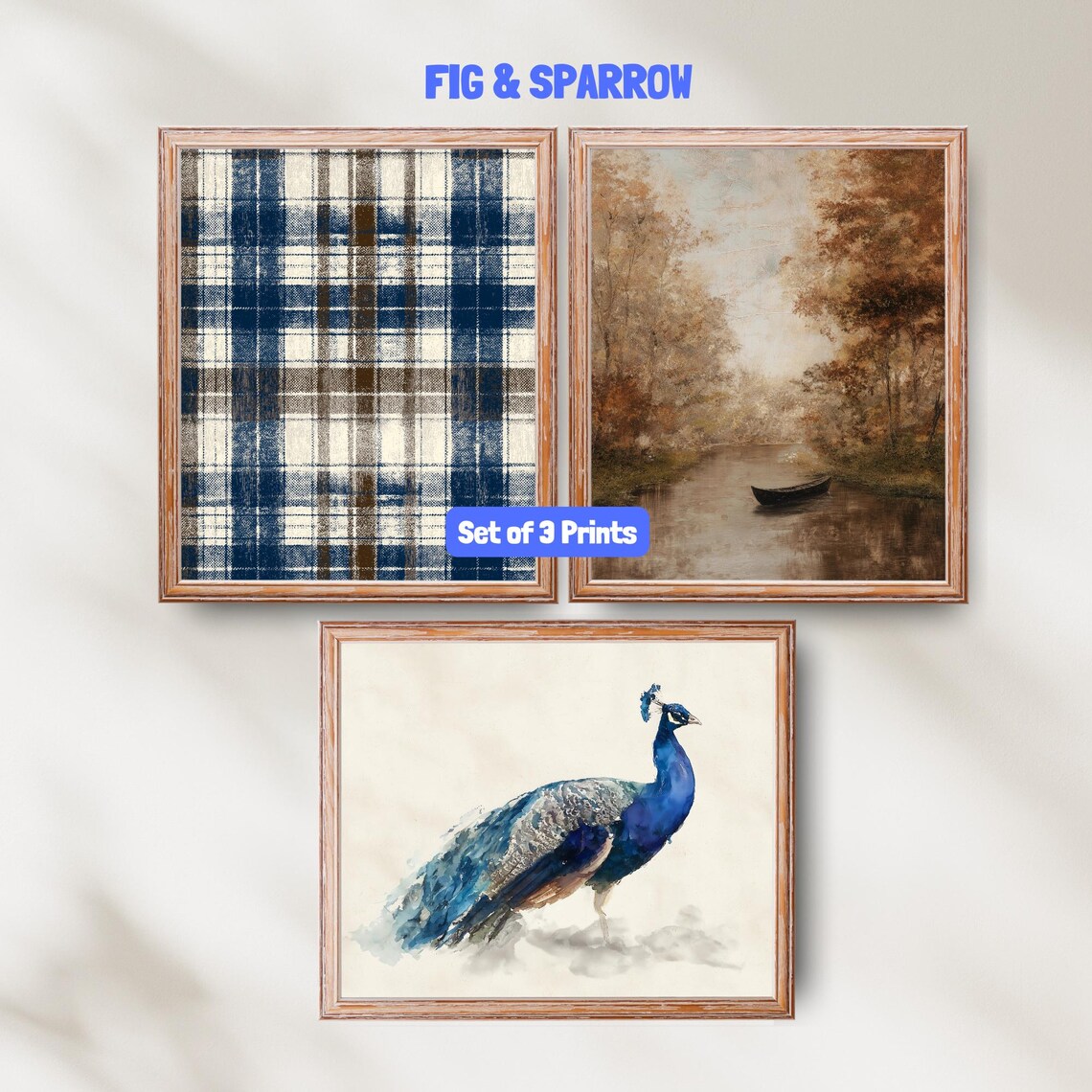 Rustic Farmhouse Print Set Plaid Autumn Landscape Peacock