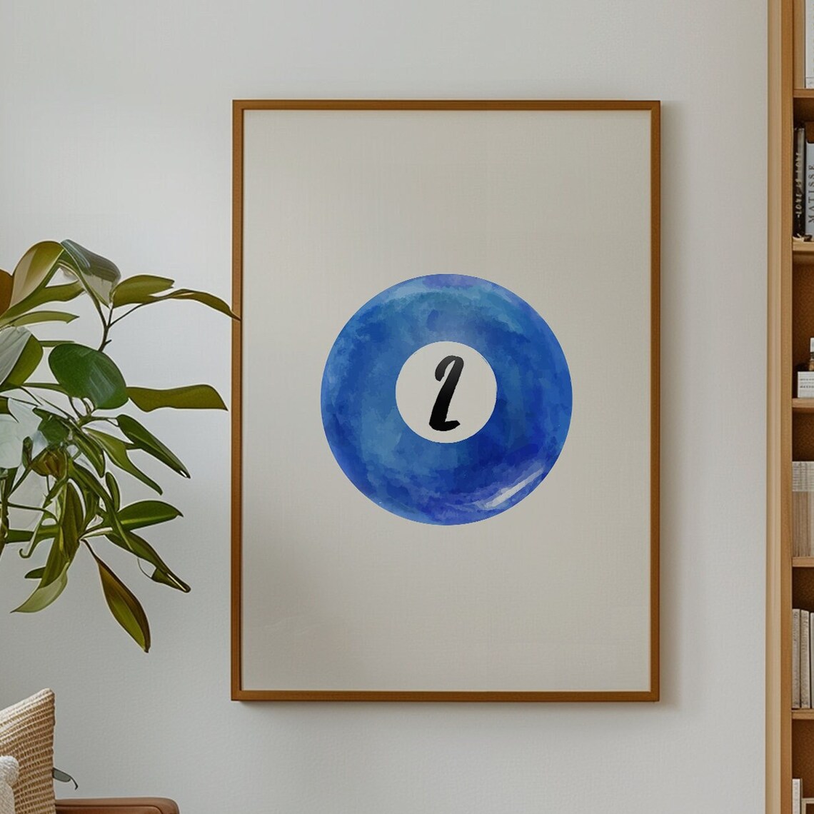 Blue Watercolor Pool Ball Number Two Billiards Game Room Wall Art