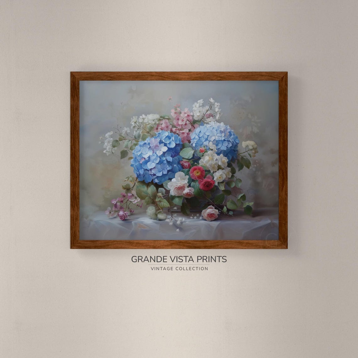 Blue Hydrangea Pink Blossom Still Life Vintage Floral Wall Poster - Image 4