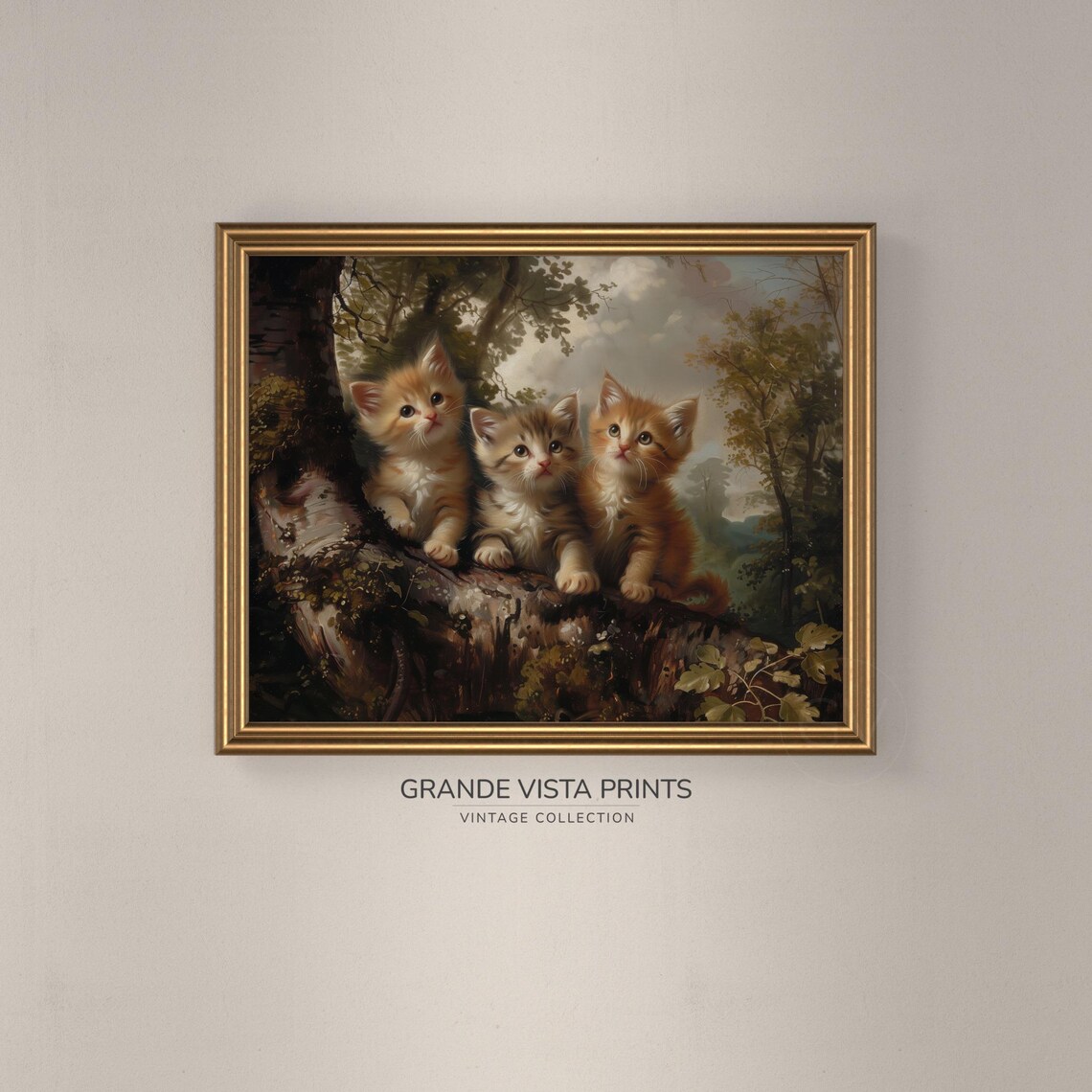 Three Kittens On Tree Branch Vintage Cute Cat Painting Animal Wall Art Poster - Image 3