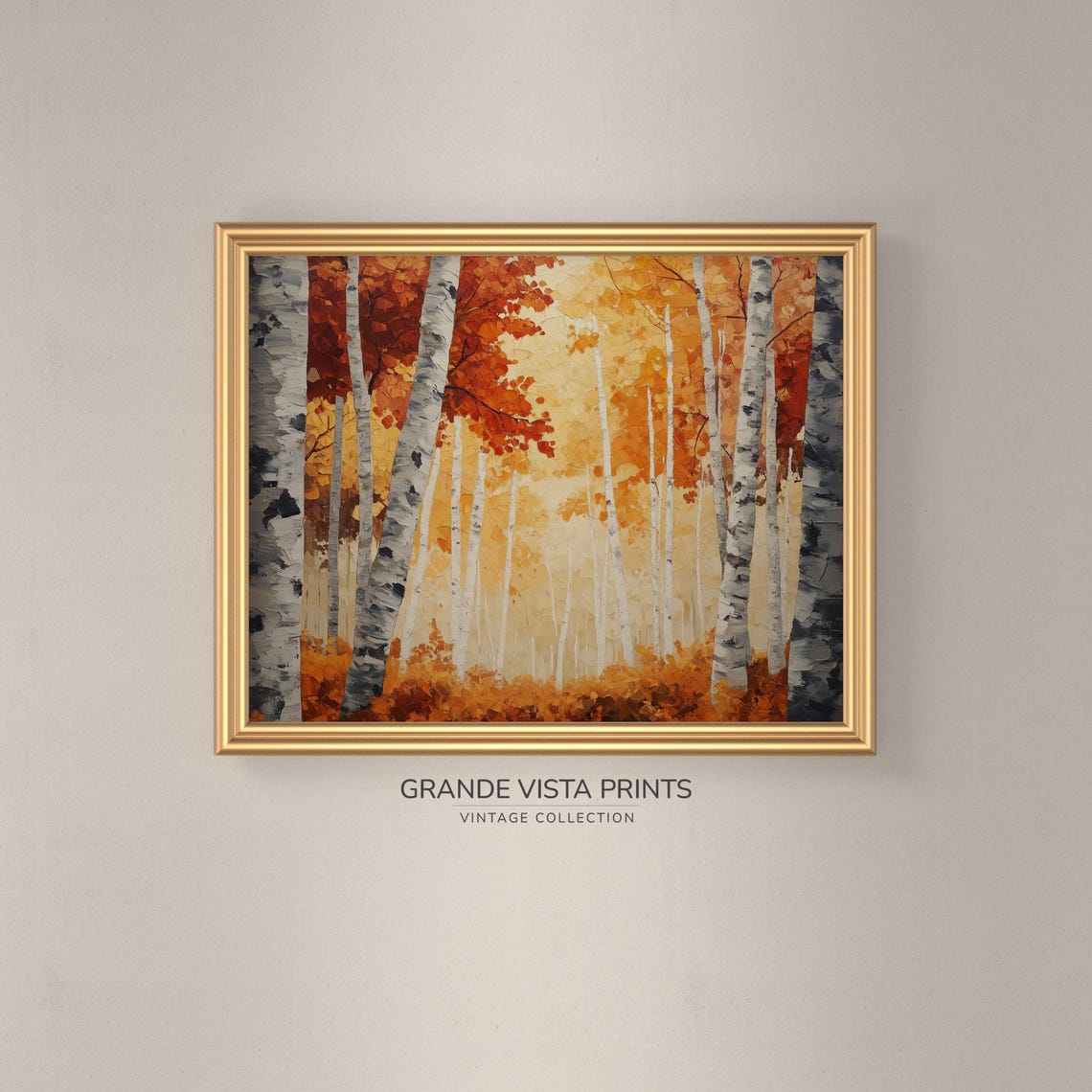 Birch Grove Warm Orange Canopy Autumn Forest Landscape Painting Poster - Image 3