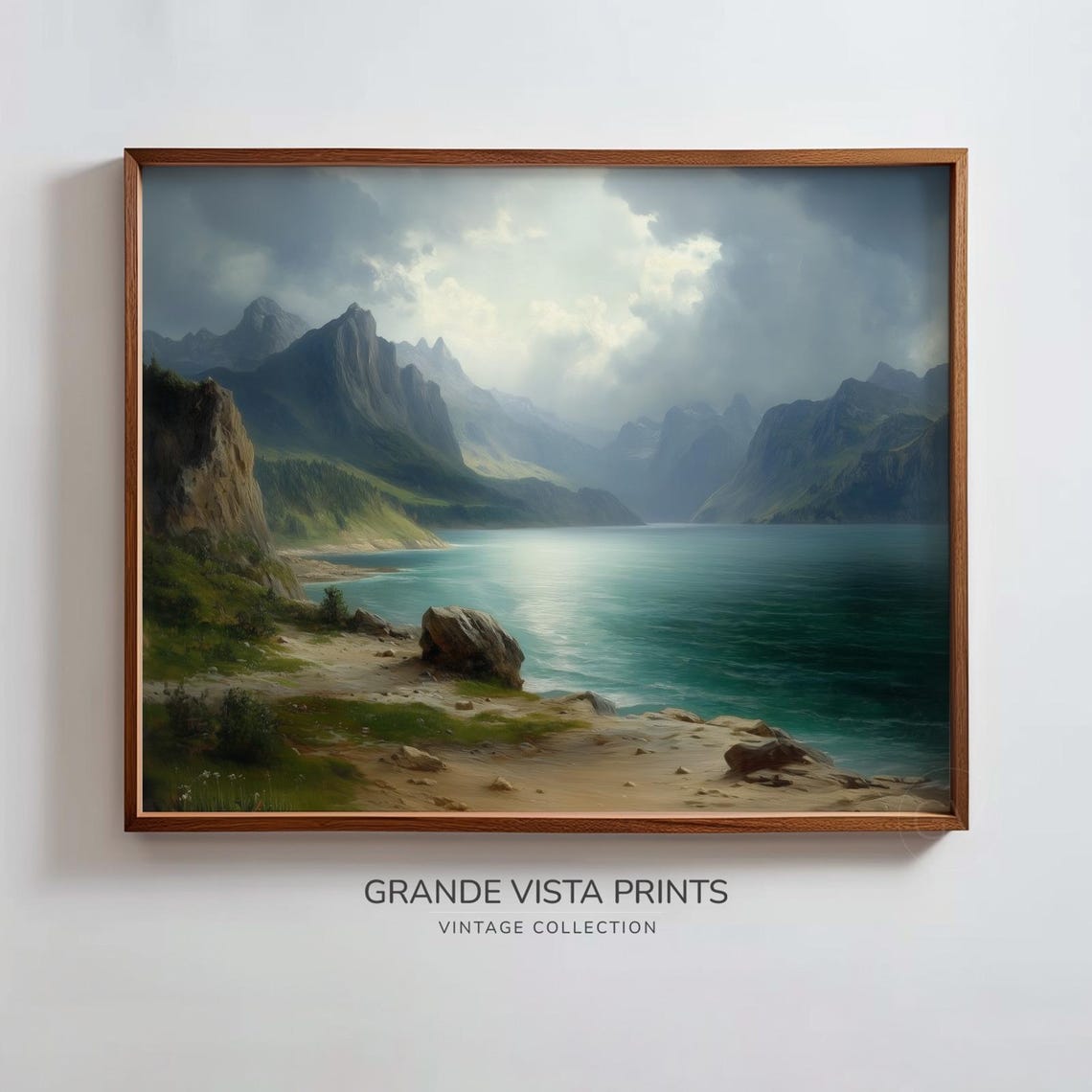 Dramatic Cloudy Sky Over Mountain Lake Rocky Shore Alpine Vista Poster - Image 3