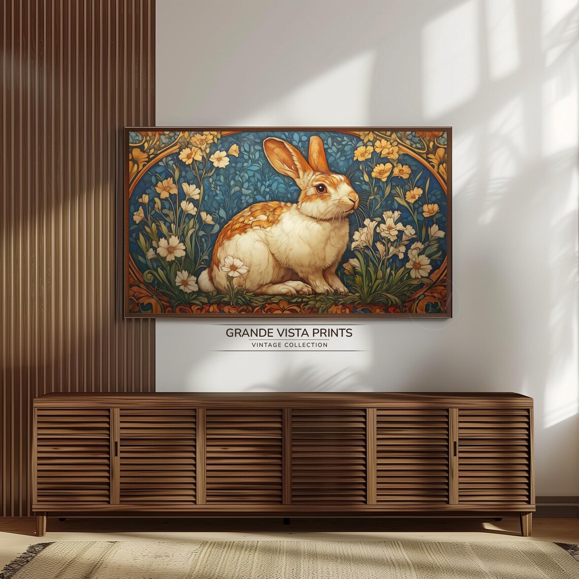 Brown and White Rabbit Among Flowers Art Nouveau Teal Wall Art - Image 3