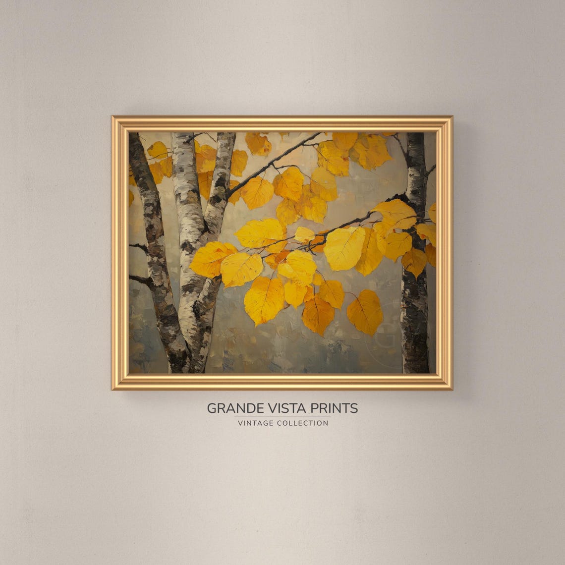 Birch Trunks Yellow Leaf Canopy Close Up Autumn Forest Painting Poster - Image 3