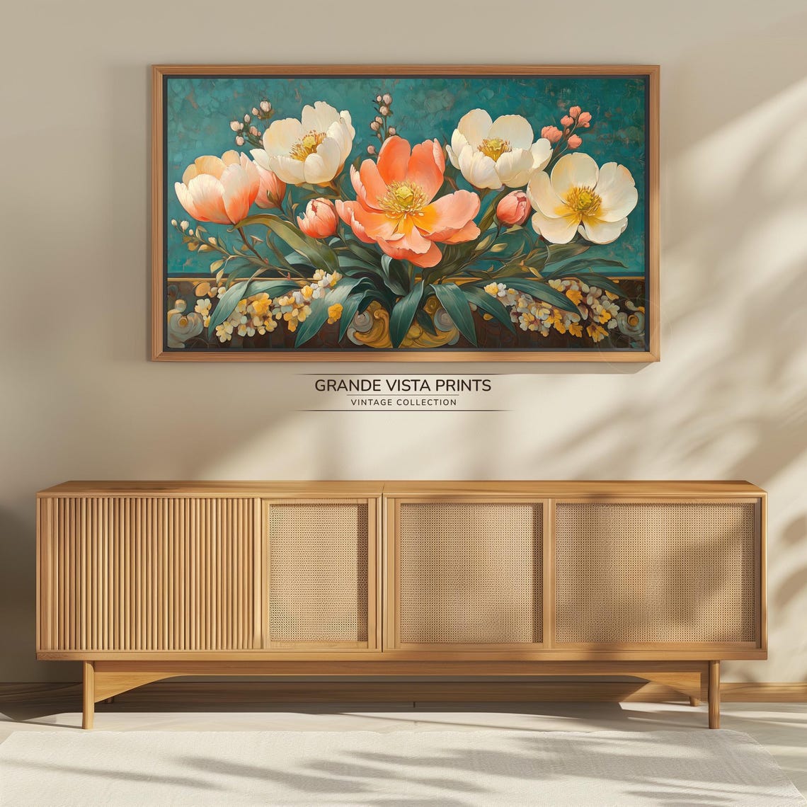 Peach and White Peony Blossoms on Teal Floral Painting Wall Art - Image 4
