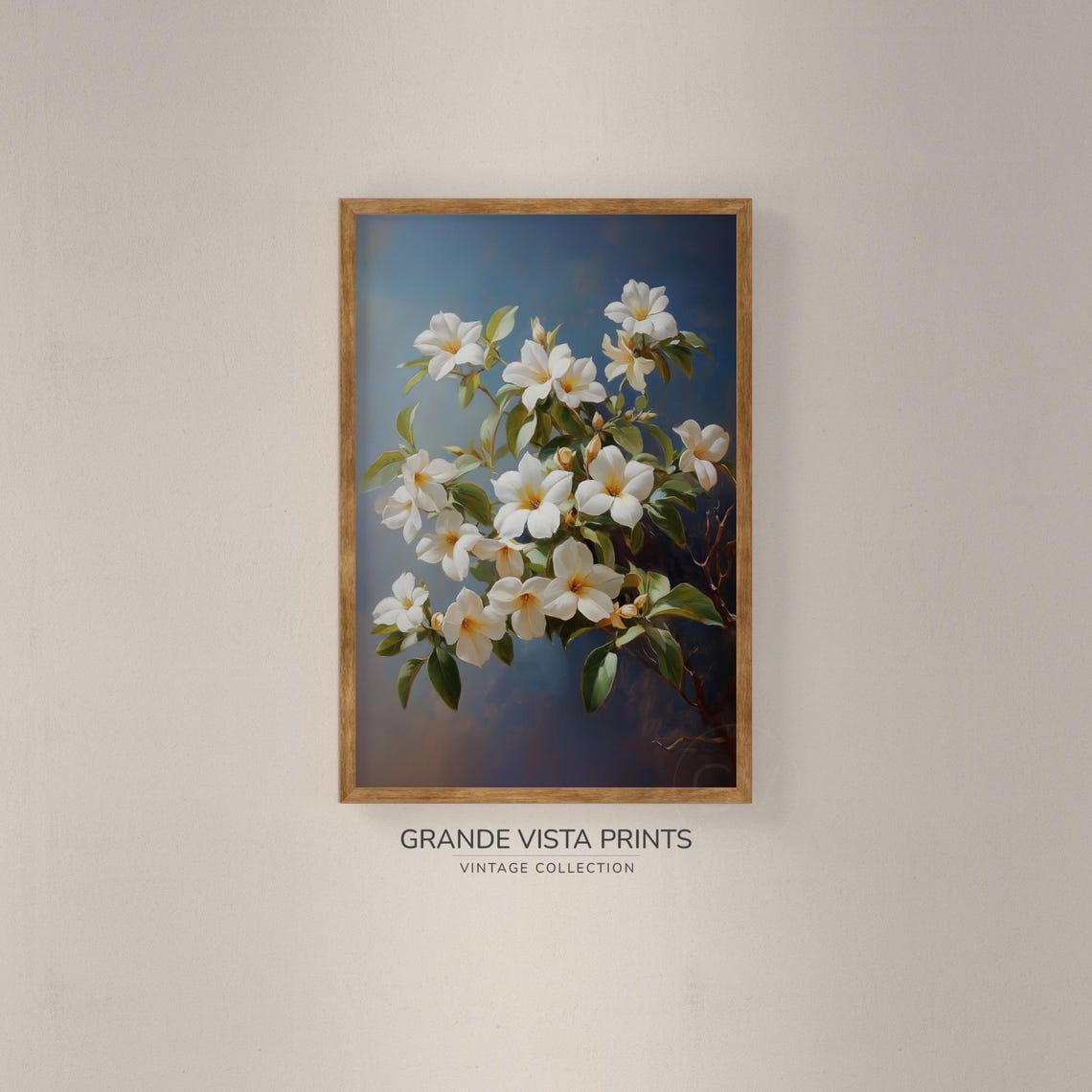 White Jasmine Blossoms Dusty Blue Background Floral Branch Wall Art - Image 2