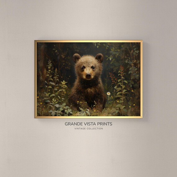 Brown Bear Cub Wildflower Meadow Dark Forest Vintage Wildlife Poster