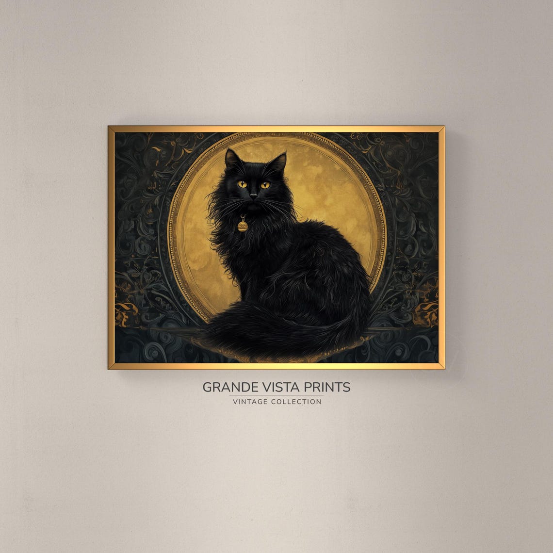Long Haired Black Cat Golden Moon Gothic Dark Elegant Wall Art