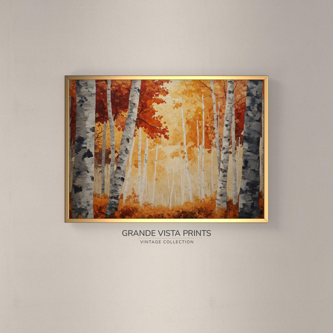 Birch Grove Warm Orange Canopy Autumn Forest Landscape Painting Poster