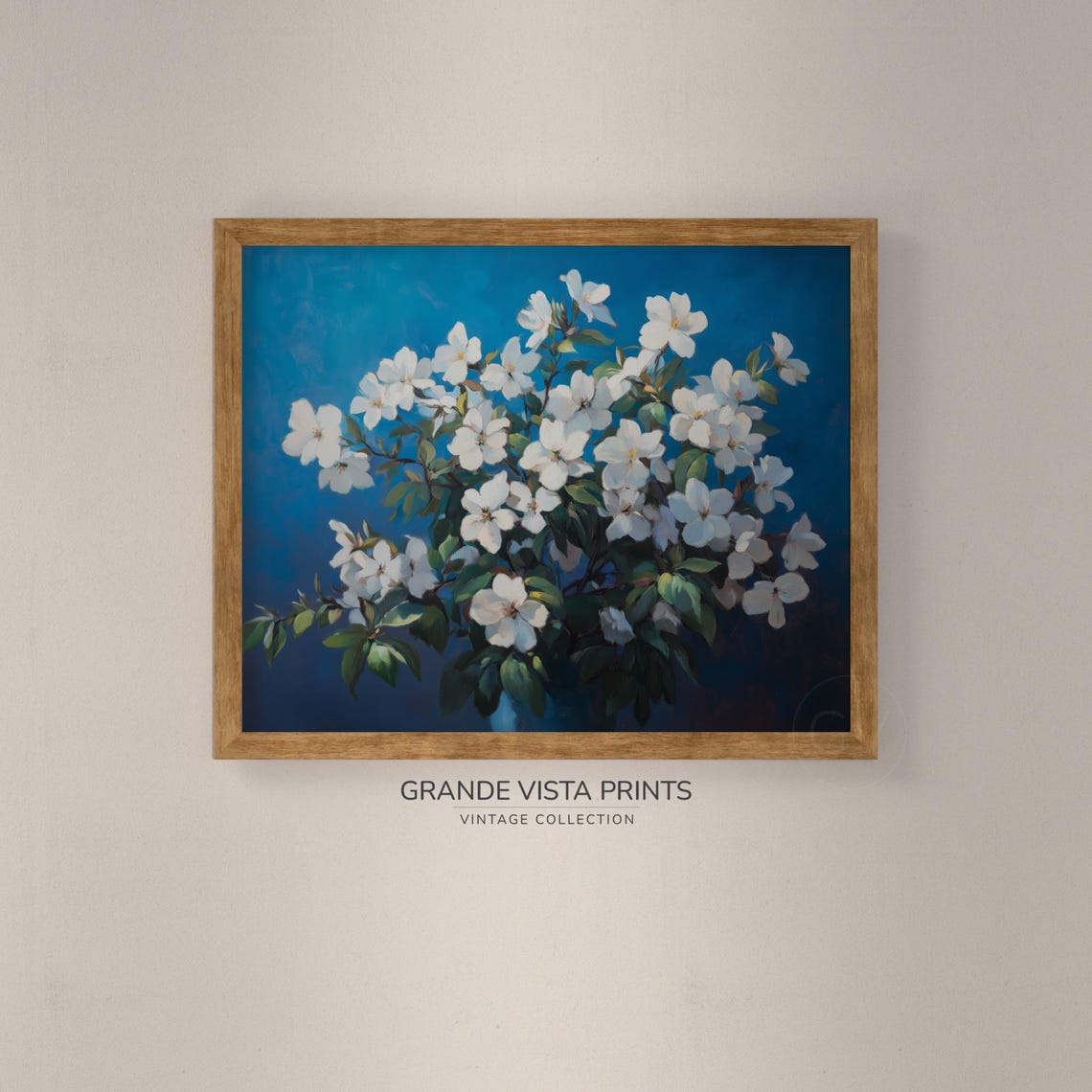 White Blossom Branches Deep Blue Vintage Floral Wall Art Print - Image 4