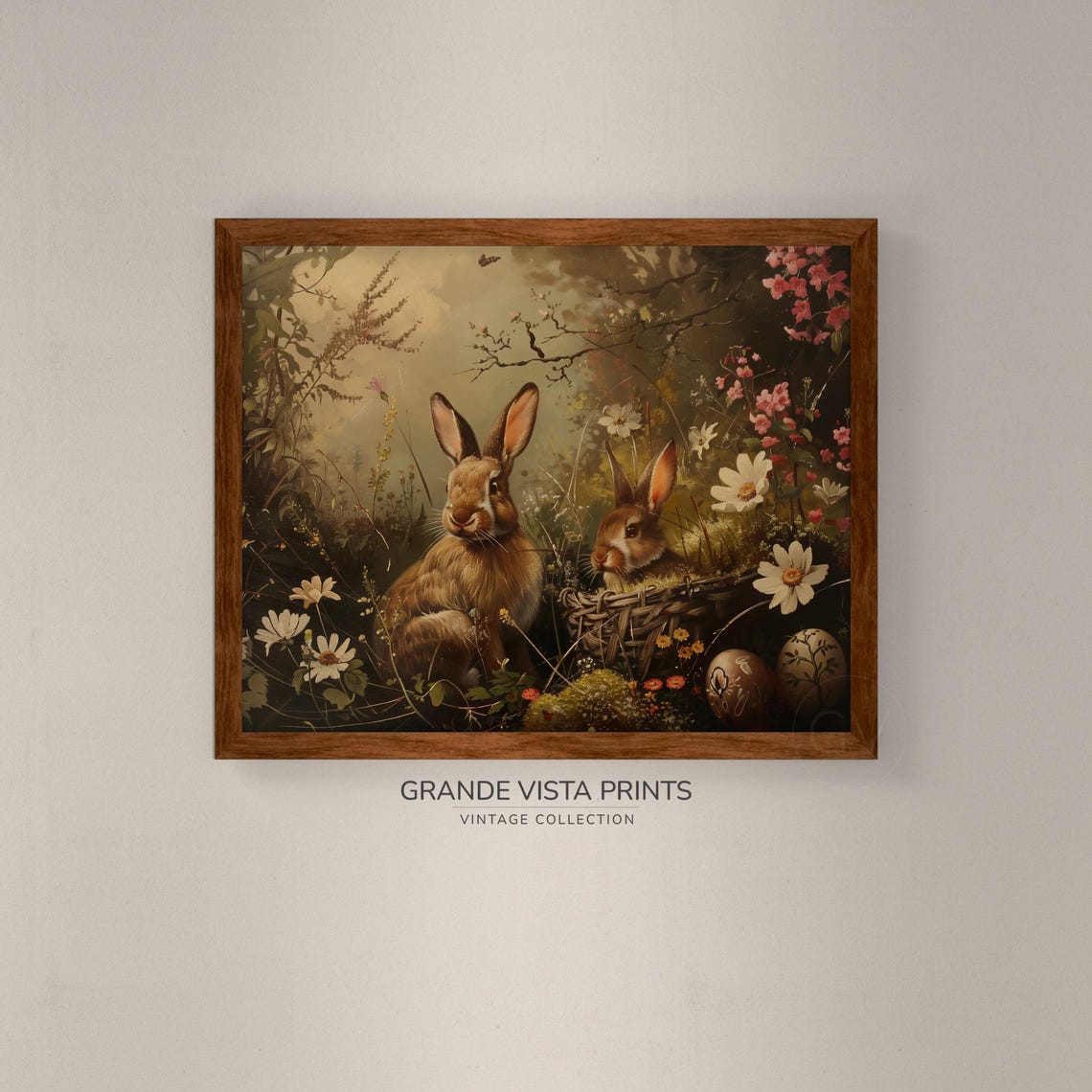 Two Brown Rabbits in Wildflower Garden Painted Eggs Easter Wall Print - Image 4