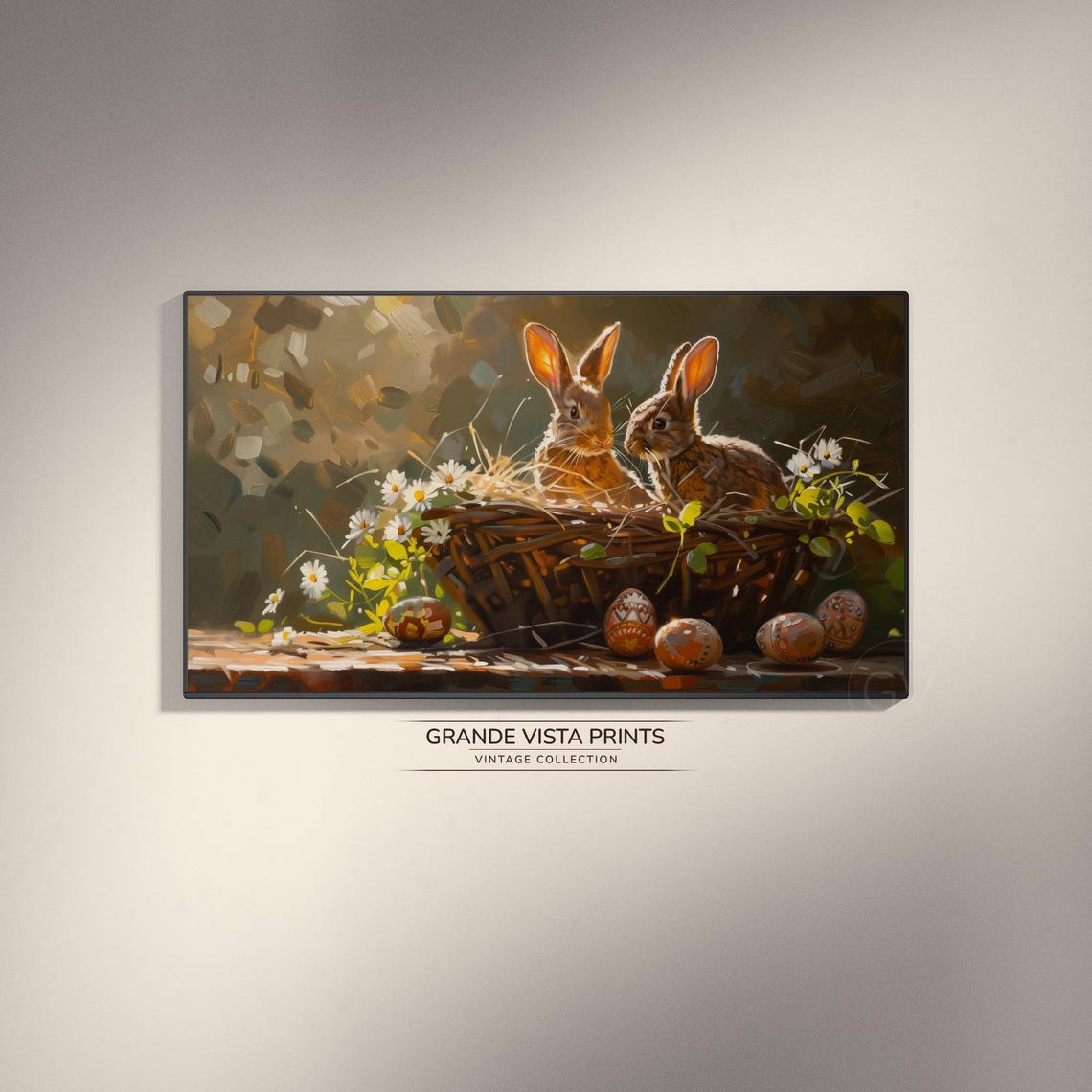 Two Rabbits in Wicker Basket with Painted Easter Eggs Warm Vintage Art