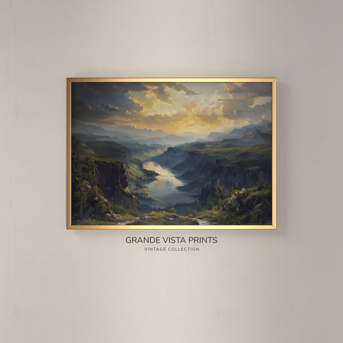 Dramatic Canyon River Gorge Sunrise Golden Clouds Vintage Poster