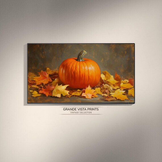 Single Orange Pumpkin Golden Autumn Leaves Dark Vintage Fall Art Poster