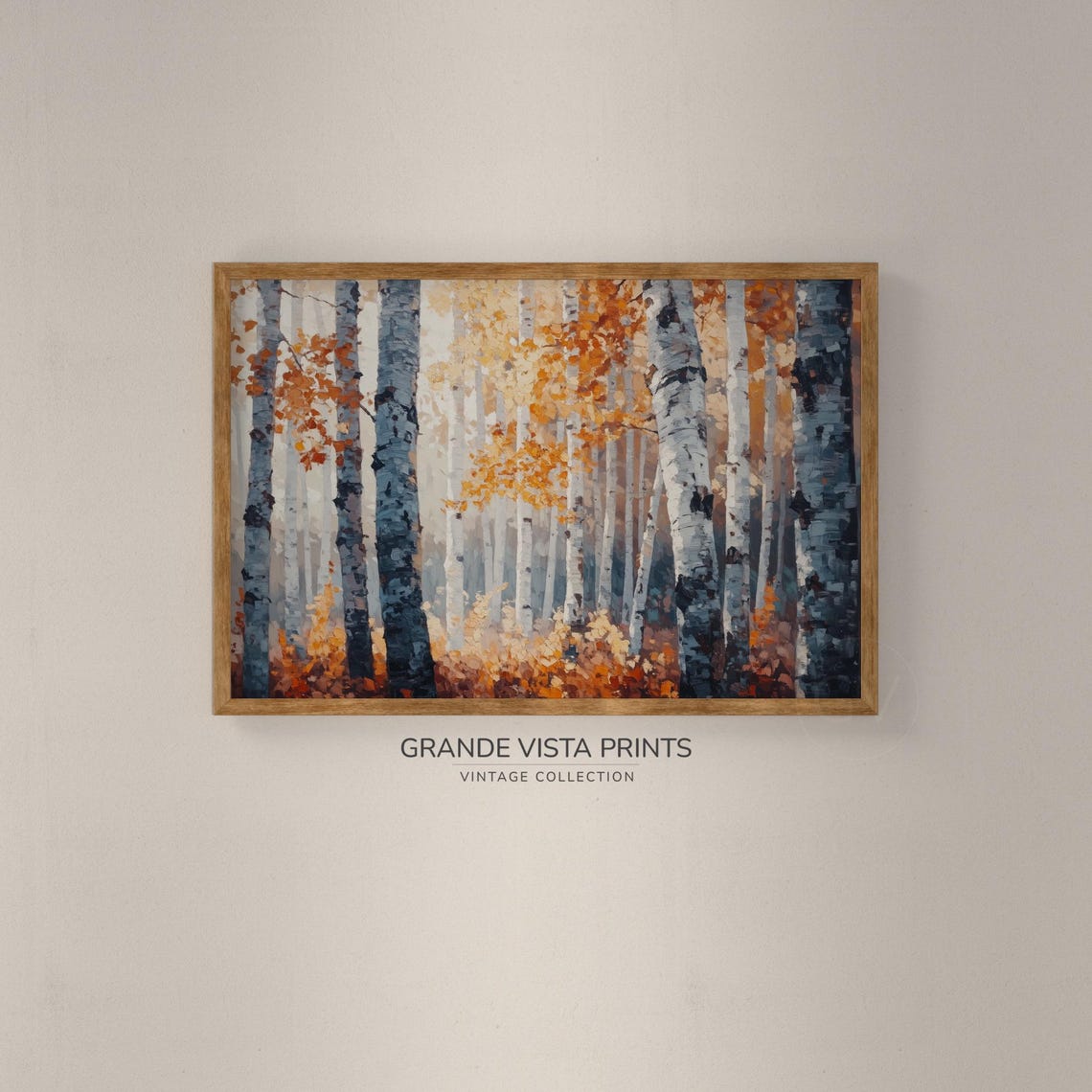Birch Trunks Blue Gray Shadows Orange Leaves Vintage Autumn Art - Image 2