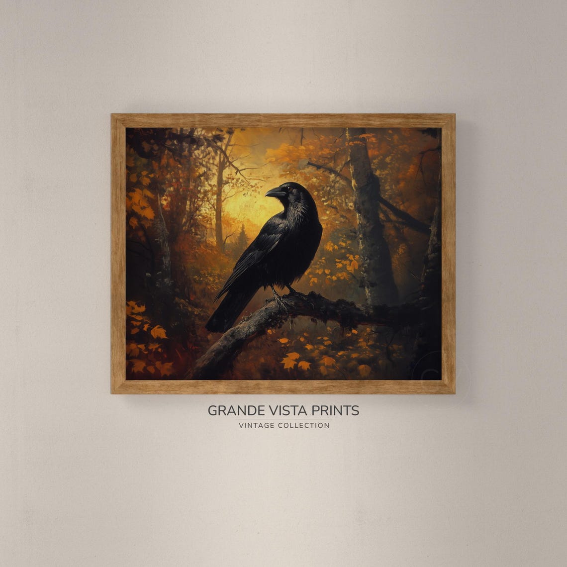 Black Crow Branch Autumn Orange Forest Warm Glow Bird Animal Wall Art - Image 4