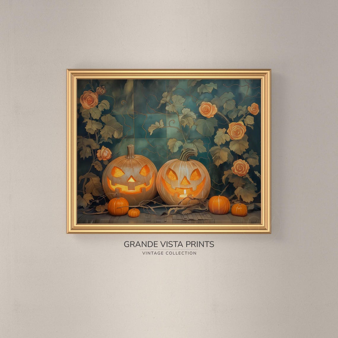 Glowing Jack O Lantern Duo Vintage Teal Floral Halloween Night Poster - Image 3